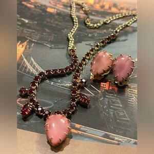 VINTAGE (RARE!!) “Demi Parure” Red Rhinestone & Pink Cabochon Stones Set